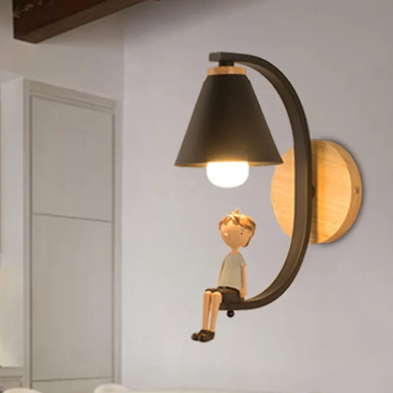Boy Deco Cone Shade Sconce Light: 1 Head Wall Lamp for Child's Bedroom or Foyer