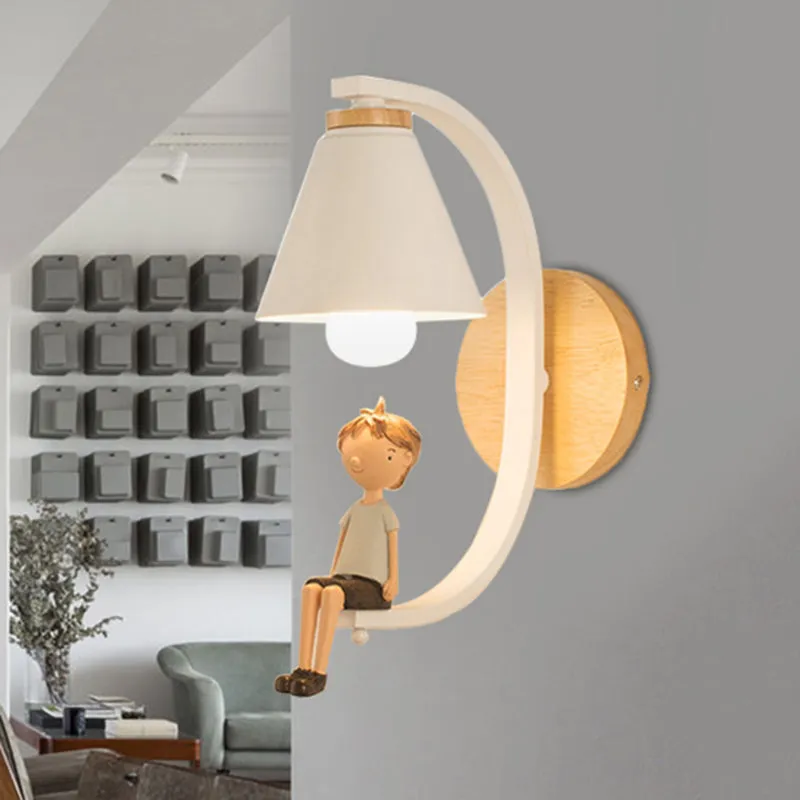 Boy Deco Cone Shade Sconce Light: 1 Head Wall Lamp for Child's Bedroom or Foyer