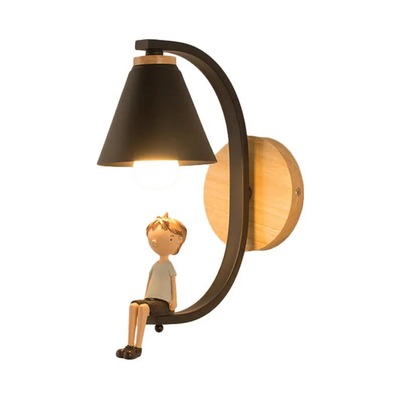 Boy Deco Cone Shade Sconce Light: 1 Head Wall Lamp for Child's Bedroom or Foyer