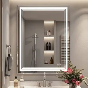 BUNGALOW MERCER 28 x 36 Inch LED Mirror for Bathroom,Adjustable 3 Colors White/Warm/Natural Lights Wall Mounted Vanity Mirror Fog Free Dimmable Lights Brightness Memory (Vertical & Horizontal)