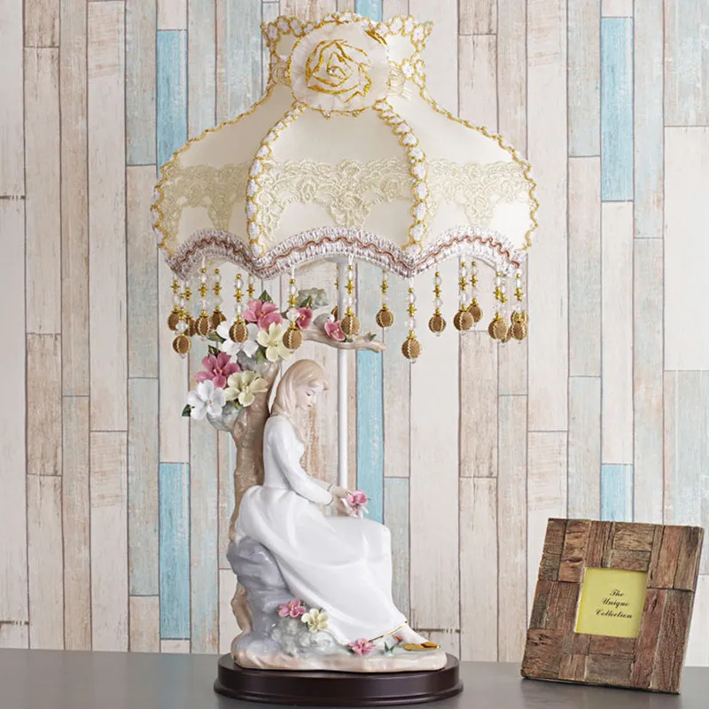 Charming Ceramic Girl Night Light Countryside Single Beige Table Lamp with Fabric Shade and Pendant