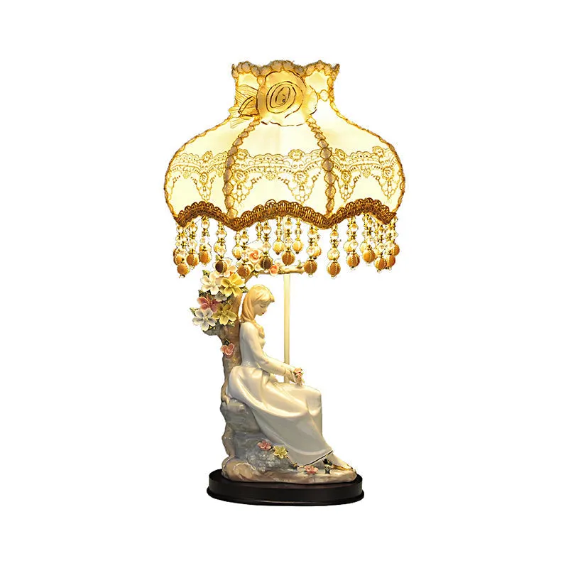 Charming Ceramic Girl Night Light Countryside Single Beige Table Lamp with Fabric Shade and Pendant