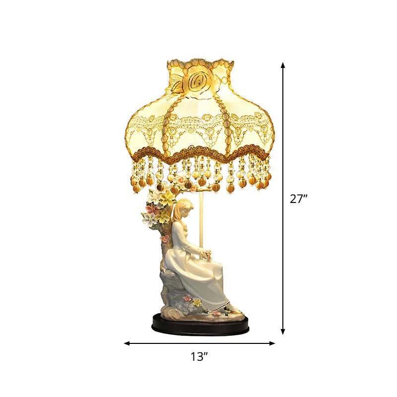 Charming Ceramic Girl Night Light Countryside Single Beige Table Lamp with Fabric Shade and Pendant