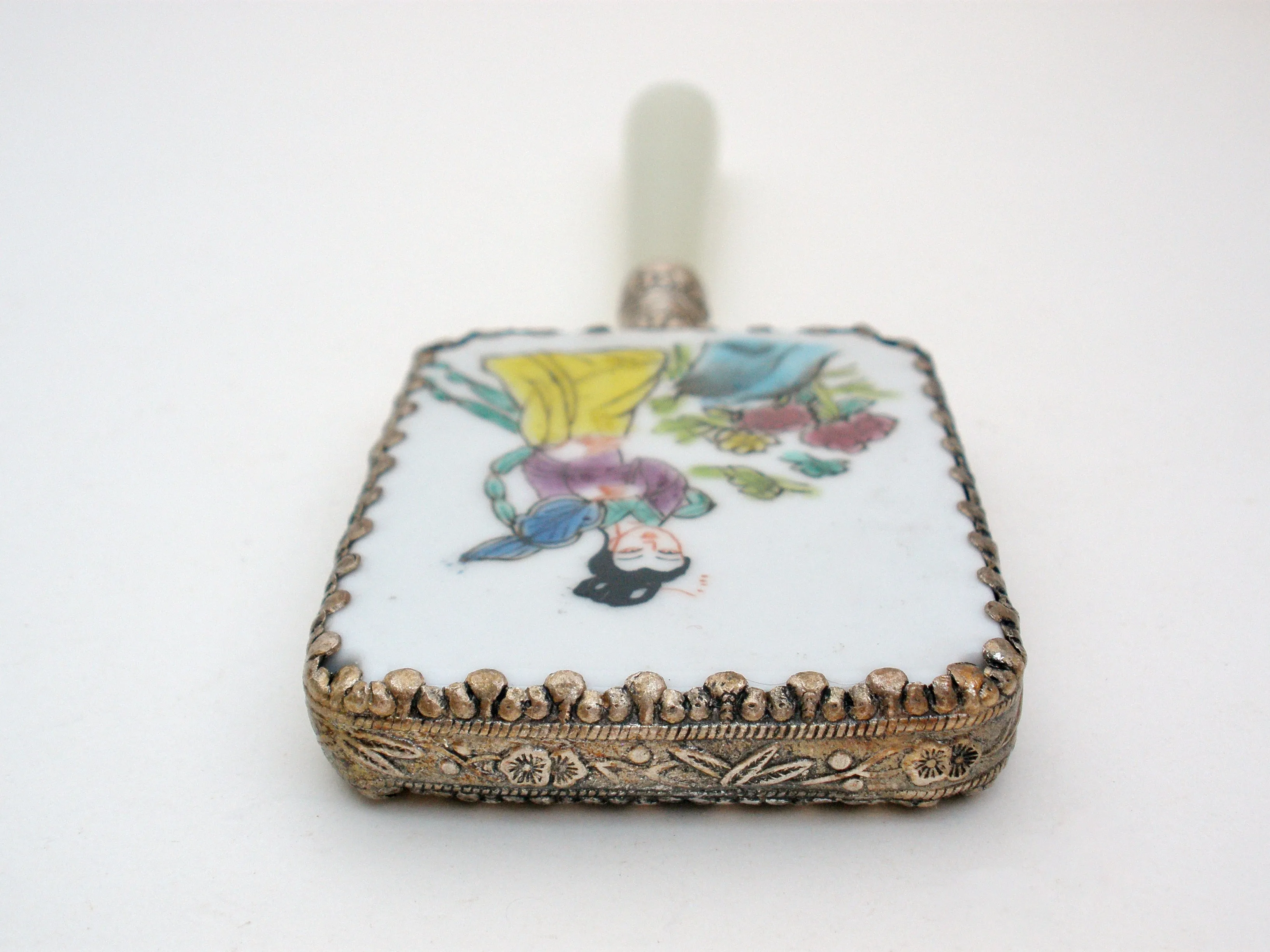 Chinese Porcelain Jade Silver Geisha Girl Hand Mirror