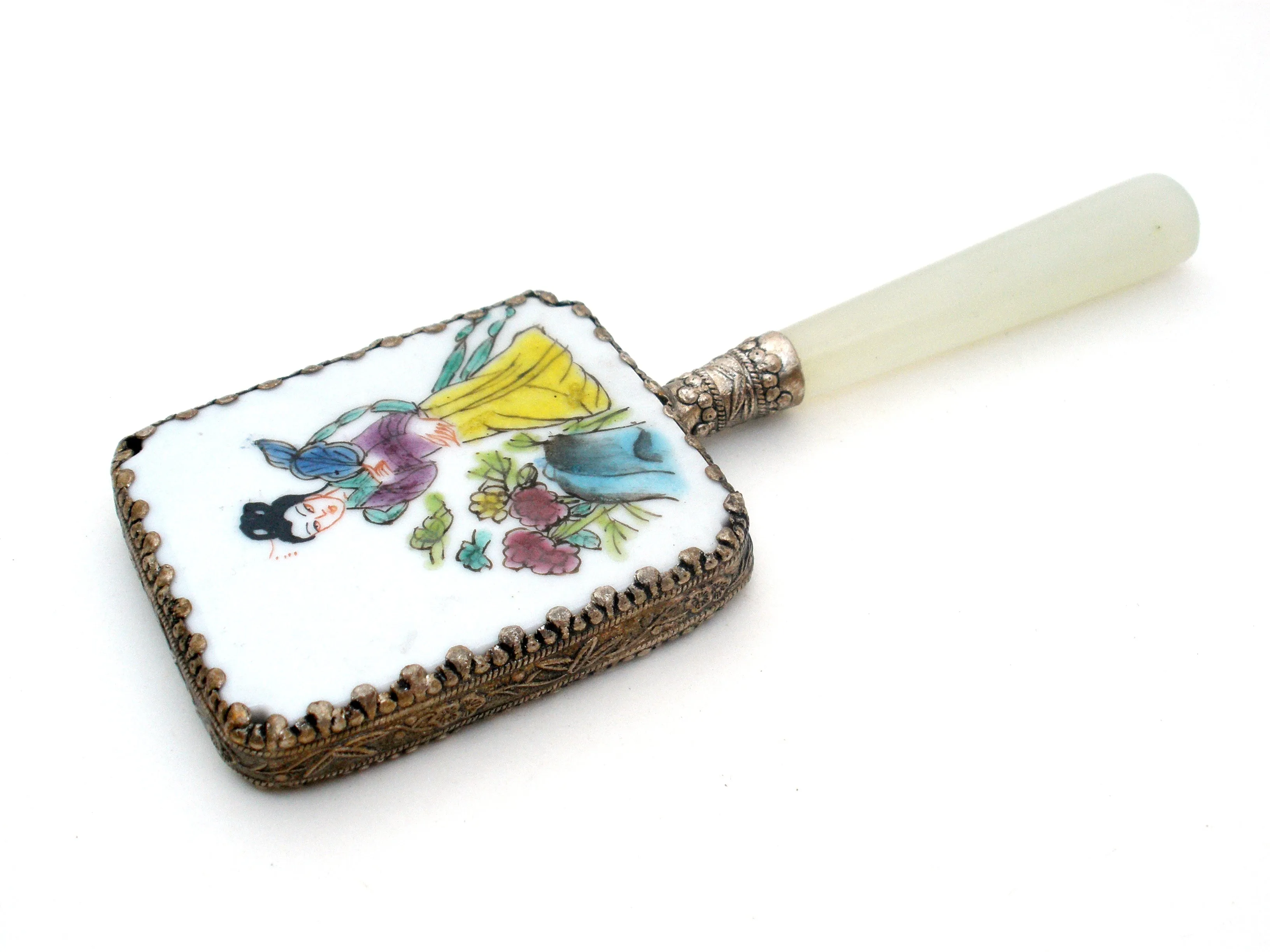 Chinese Porcelain Jade Silver Geisha Girl Hand Mirror