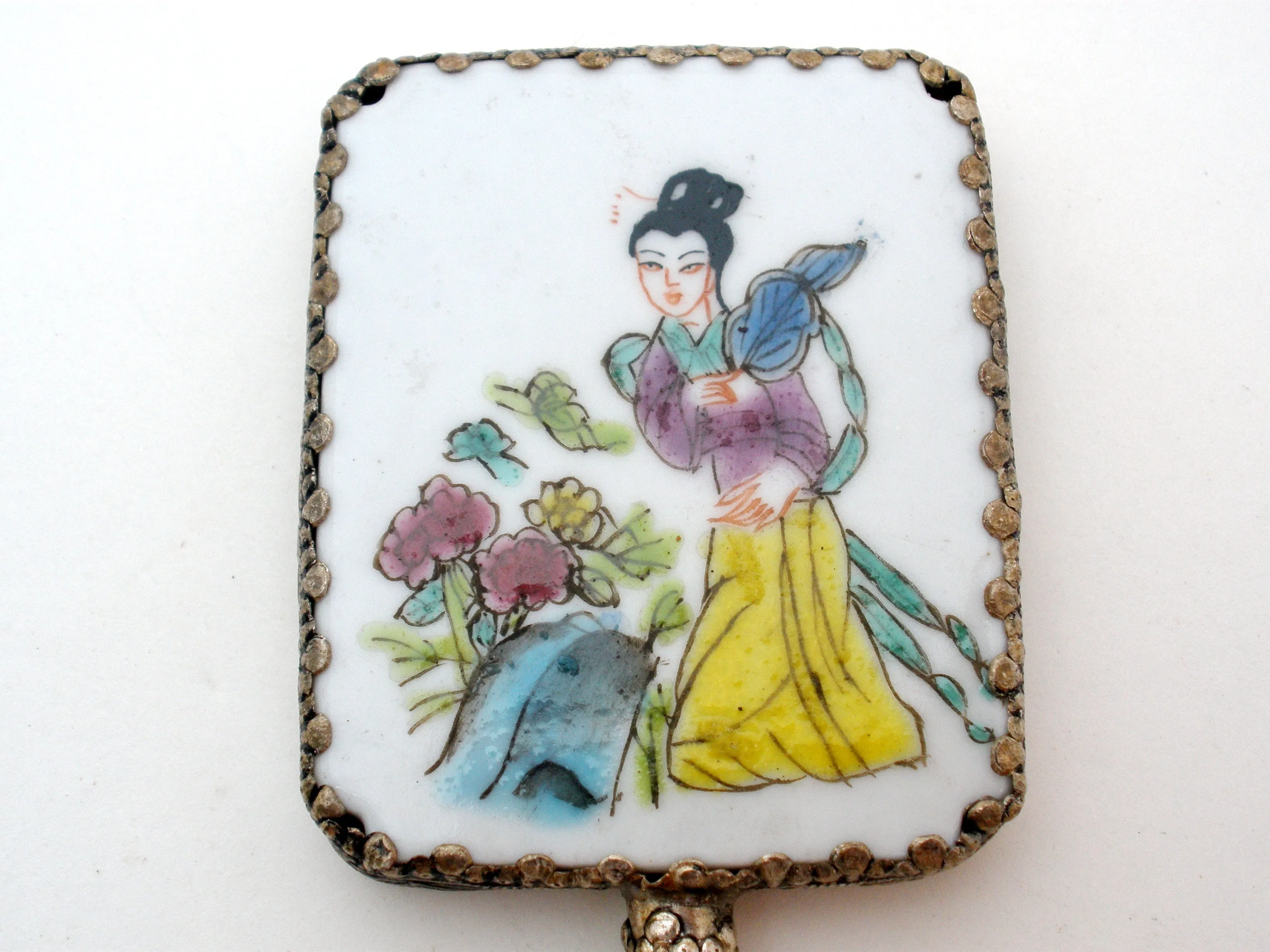 Chinese Porcelain Jade Silver Geisha Girl Hand Mirror