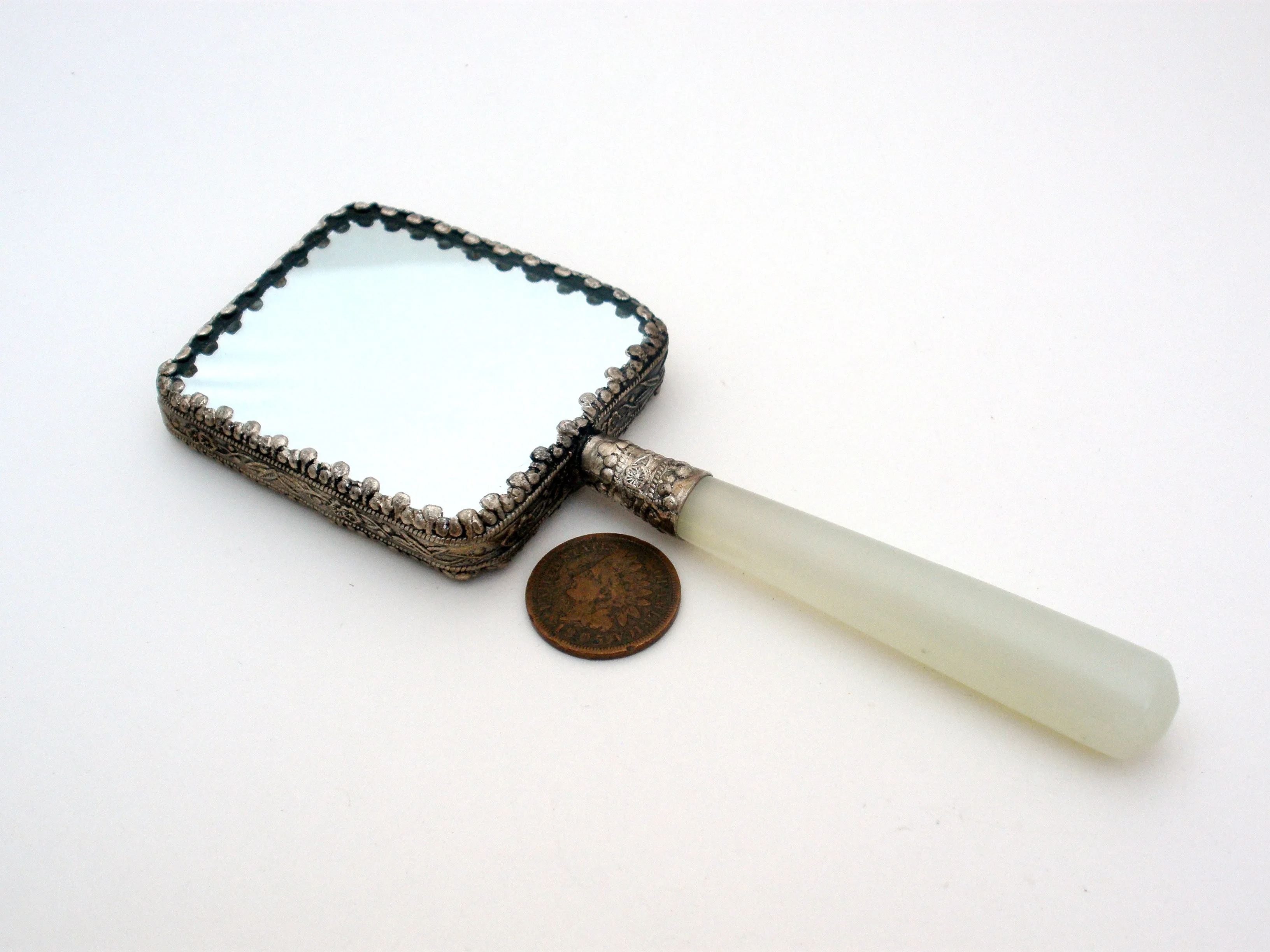 Chinese Porcelain Jade Silver Geisha Girl Hand Mirror