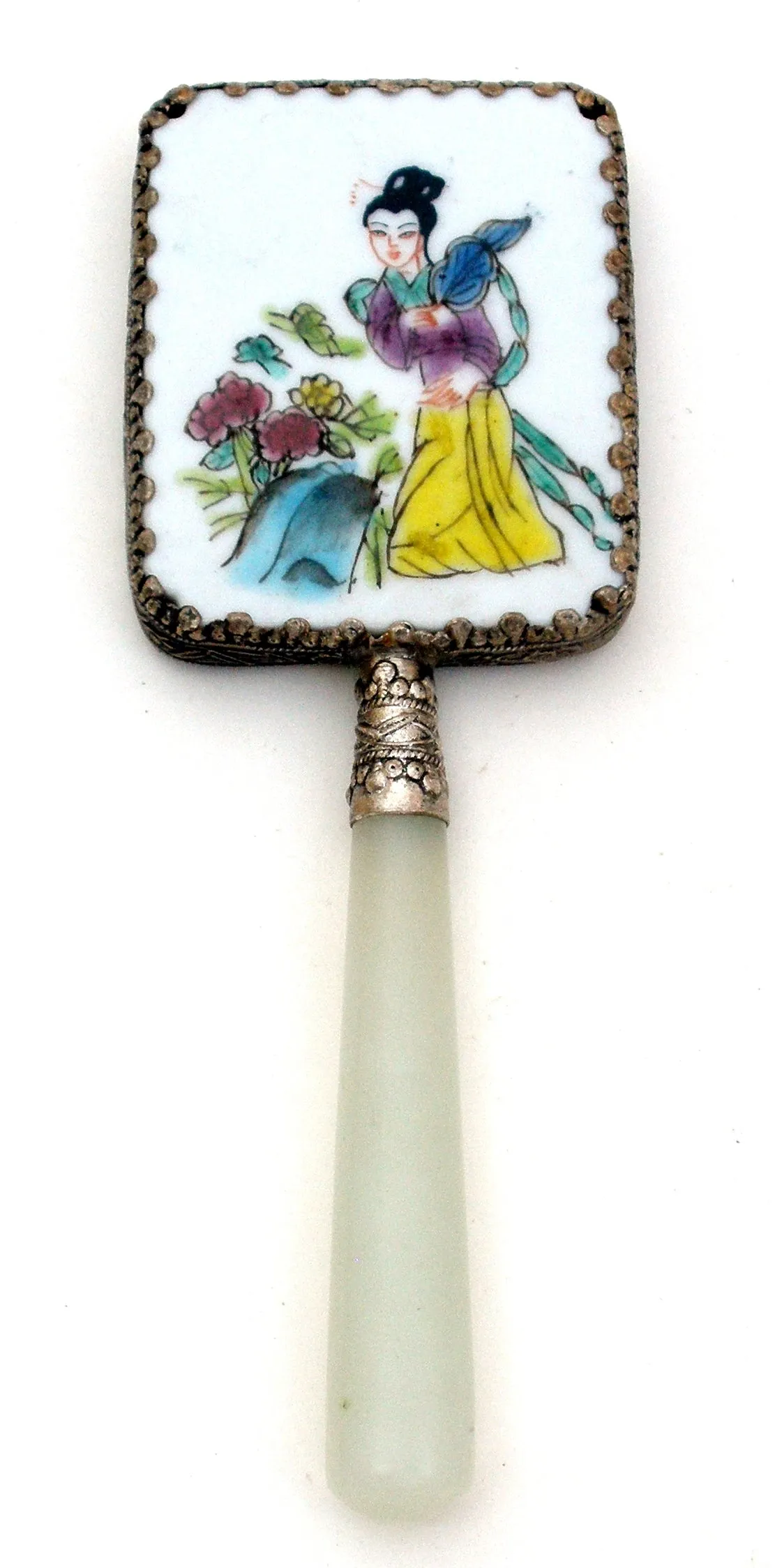 Chinese Porcelain Jade Silver Geisha Girl Hand Mirror