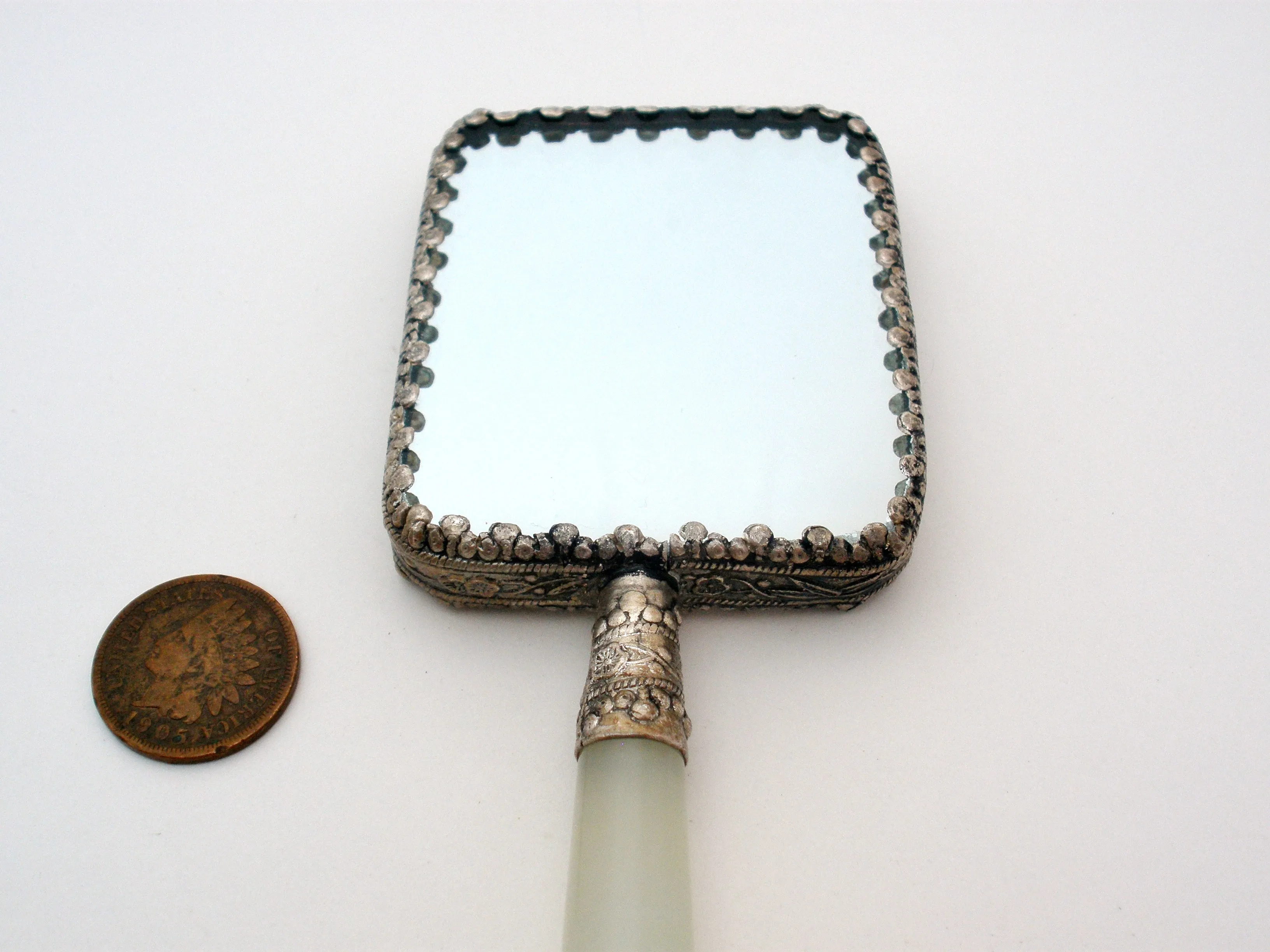 Chinese Porcelain Jade Silver Geisha Girl Hand Mirror