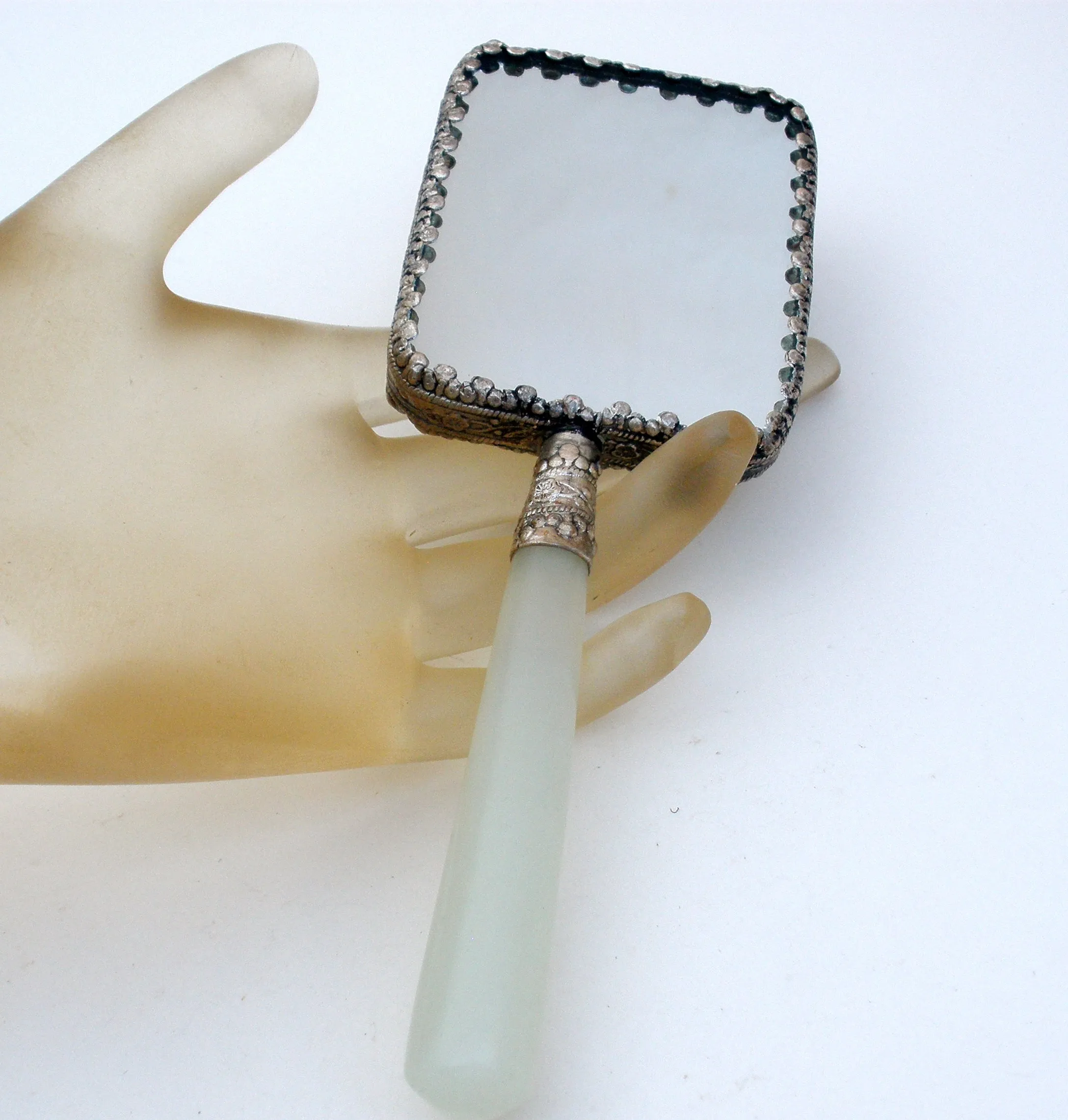 Chinese Porcelain Jade Silver Geisha Girl Hand Mirror