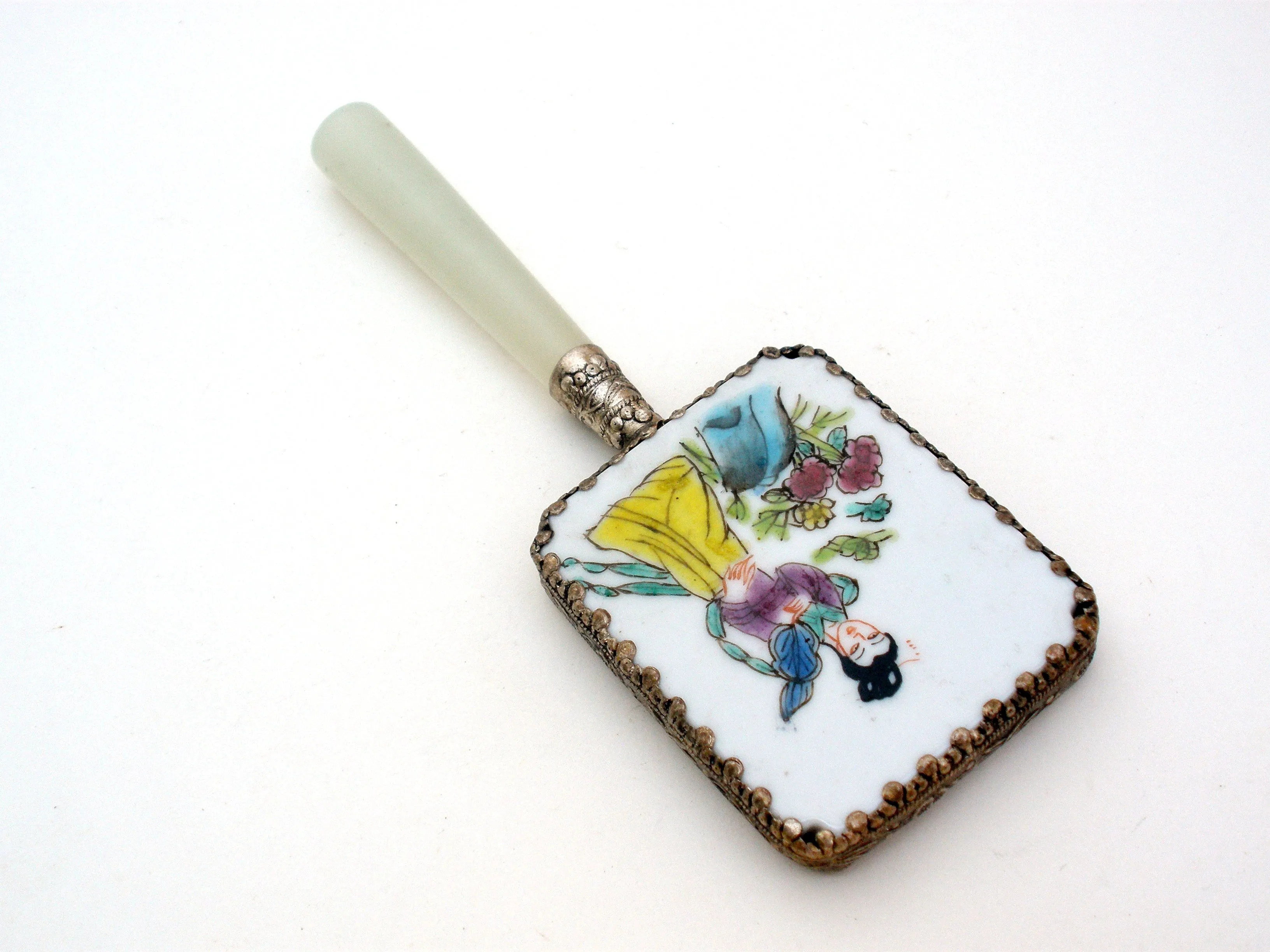 Chinese Porcelain Jade Silver Geisha Girl Hand Mirror