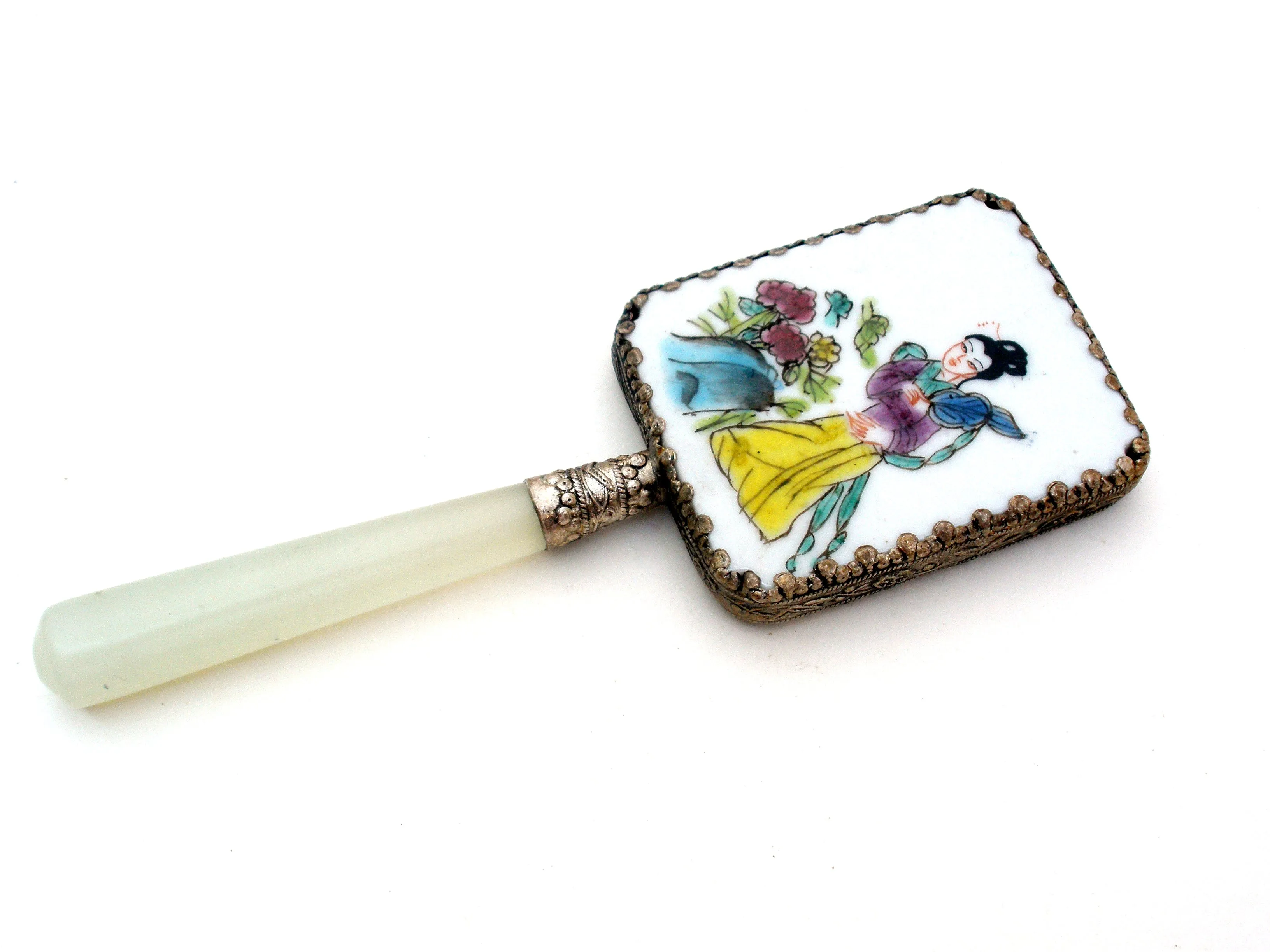 Chinese Porcelain Jade Silver Geisha Girl Hand Mirror