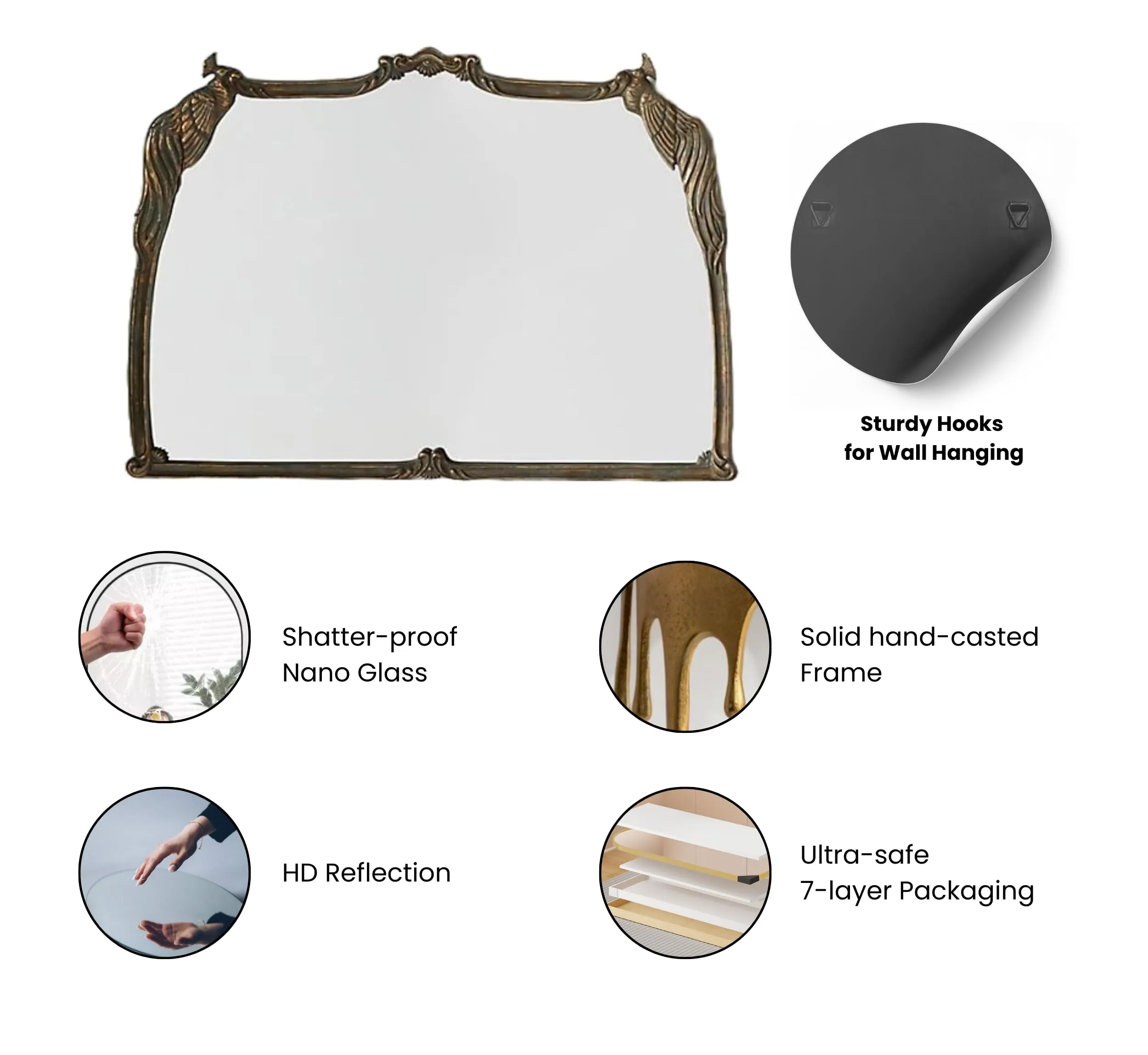 CORSICA DESIGNS 40x24 Metal Peacock Wall Mirror for Living Room, Bedroom and Vanity, Decorative Large Antique Traditional Mirror in Saint Gobain Glass, Tabletop Wall Mounted Hanging