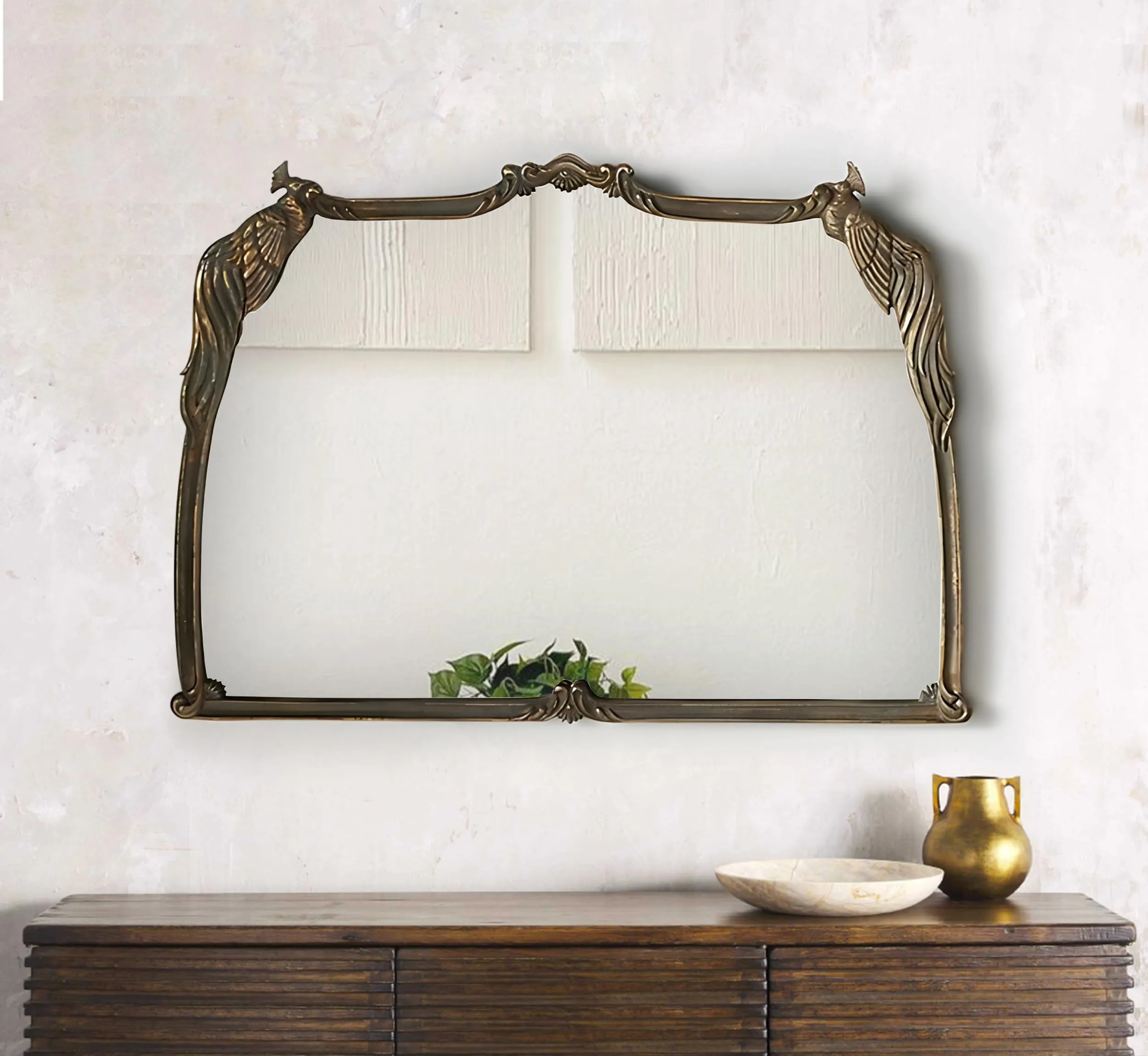 CORSICA DESIGNS 40x24 Metal Peacock Wall Mirror for Living Room, Bedroom and Vanity, Decorative Large Antique Traditional Mirror in Saint Gobain Glass, Tabletop Wall Mounted Hanging