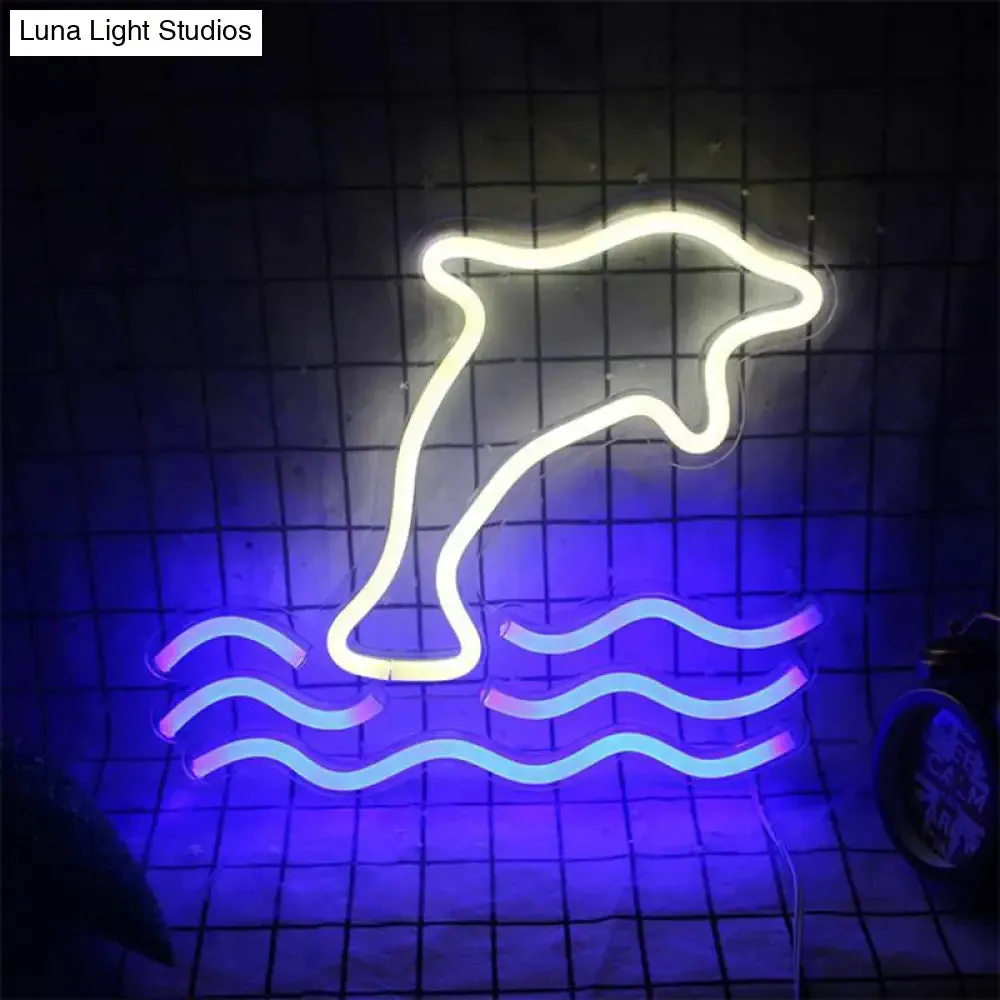Dolphin Cartoon Night Lamp - Plastic Wall Lighting for Children's Bedroom in White