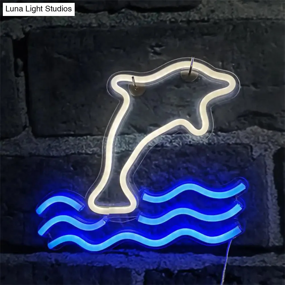 Dolphin Cartoon Night Lamp - Plastic Wall Lighting for Children's Bedroom in White