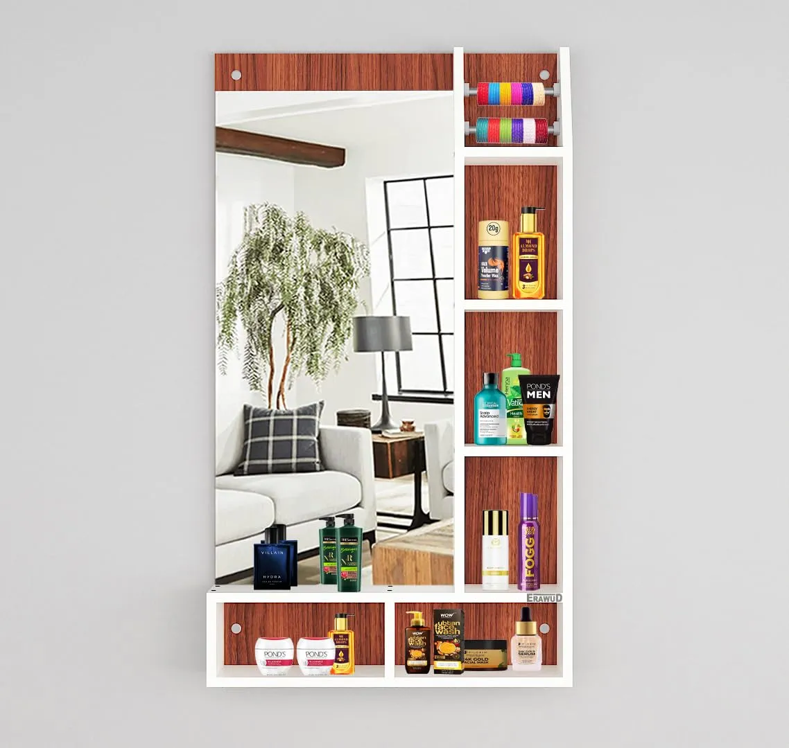 ERAWUD Wood Wall Mount Rectangular Wall Mirror 103 x 58 x 1.5 Cm with Shelves for Home Decor Engineered Wood - Classic Walnut & White