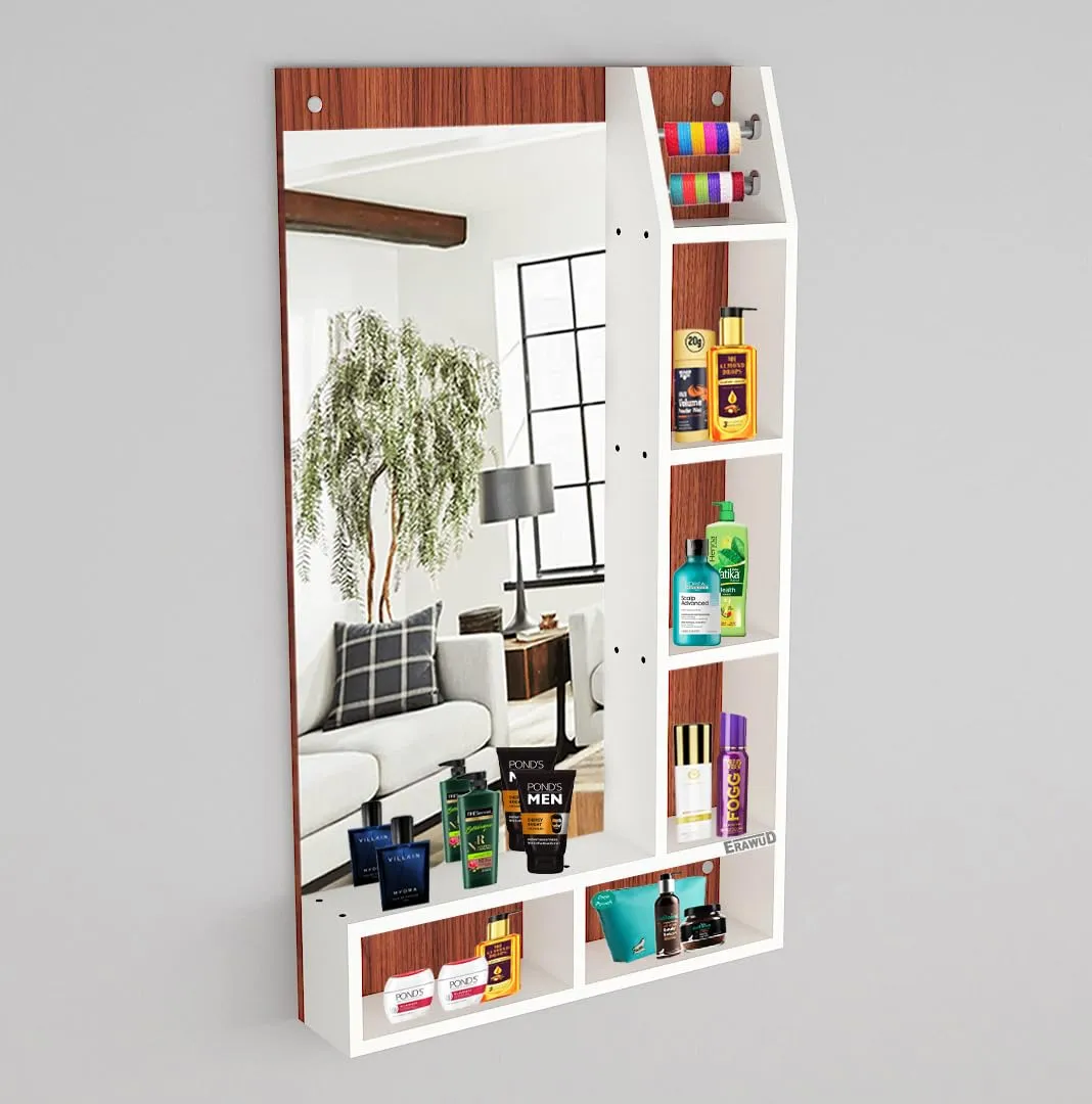 ERAWUD Wood Wall Mount Rectangular Wall Mirror 103 x 58 x 1.5 Cm with Shelves for Home Decor Engineered Wood - Classic Walnut & White