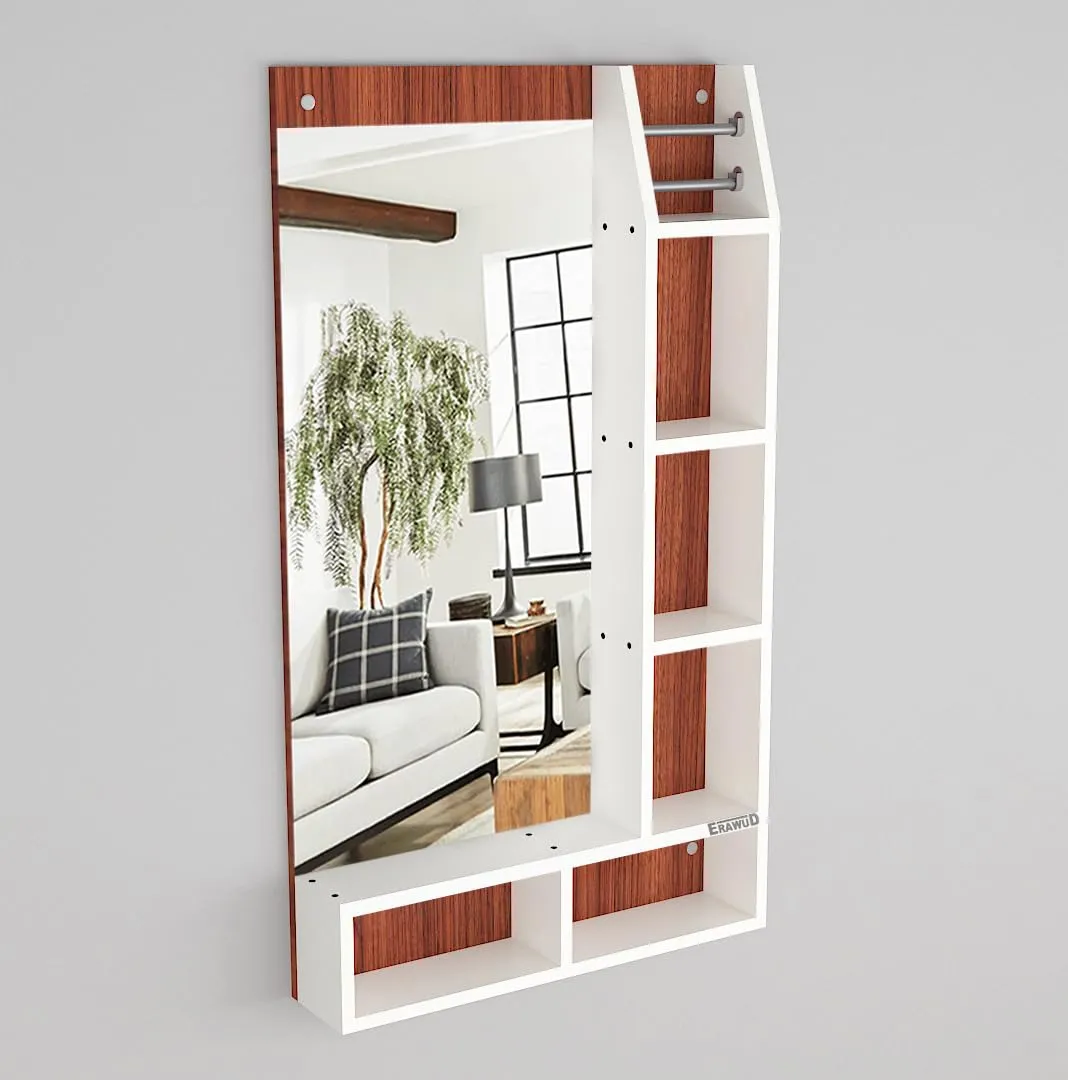 ERAWUD Wood Wall Mount Rectangular Wall Mirror 103 x 58 x 1.5 Cm with Shelves for Home Decor Engineered Wood - Classic Walnut & White
