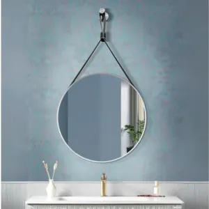 FUAO SANITARYWARE Round Shape Mirror with Strap with Aluminium Frame for Bathroom | Wall Mirror for Bathroom Wall | Mirror for Bathroom (Silver, 600mm)