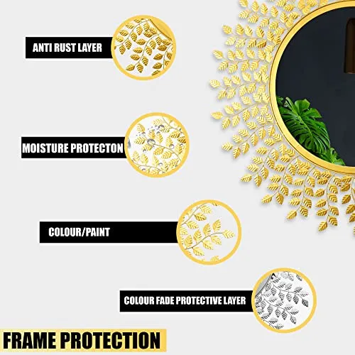 Gold Leaf Framed Round Mirror for Wall, Mirror for Bathroom, Wall Decor, Designer Mirror, Wall