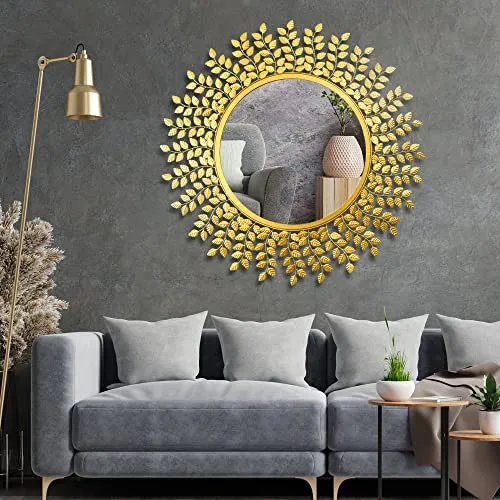 Gold Leaf Framed Round Mirror for Wall, Mirror for Bathroom, Wall Decor, Designer Mirror, Wall