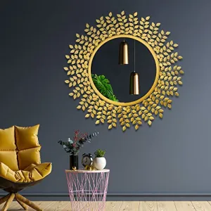 Gold Leaf Framed Round Mirror for Wall, Mirror for Bathroom, Wall Decor, Designer Mirror, Wall