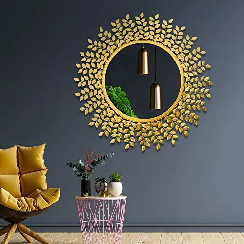 Gold Leaf Framed Round Mirror for Wall, Mirror for Bathroom, Wall Decor, Designer Mirror, Wall