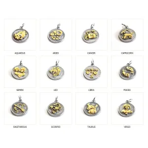 Gold Stainless Steel Zodiac Pendants, Astrological Signs Set of 12, 3/4 inch diameter