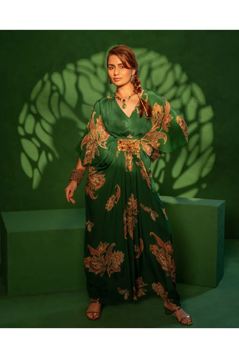 Green Printed Kaftan with jewel Work