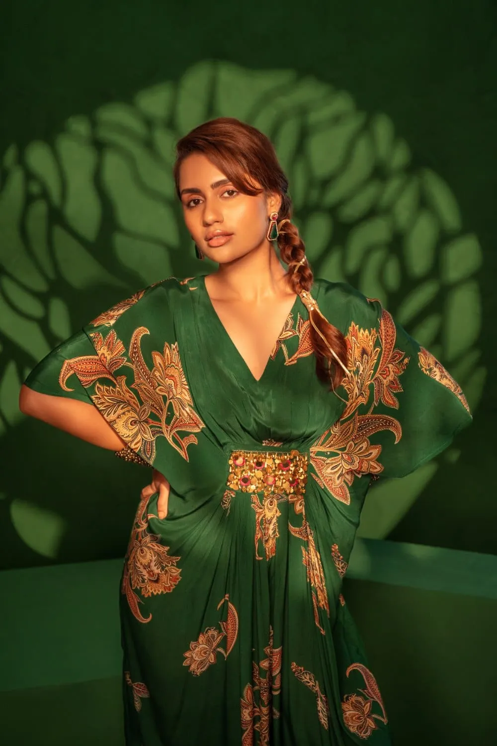 Green Printed Kaftan with jewel Work