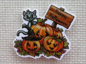 Halloween Cat in a Pumpkin Patch Needle Minder, Cover Minder, Magnet