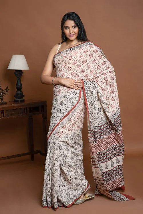 ICH Bagru Statements. Hand Block Printed Mul Cotton Saree - Beige Flora