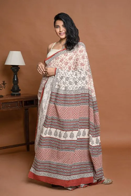 ICH Bagru Statements. Hand Block Printed Mul Cotton Saree - Beige Flora