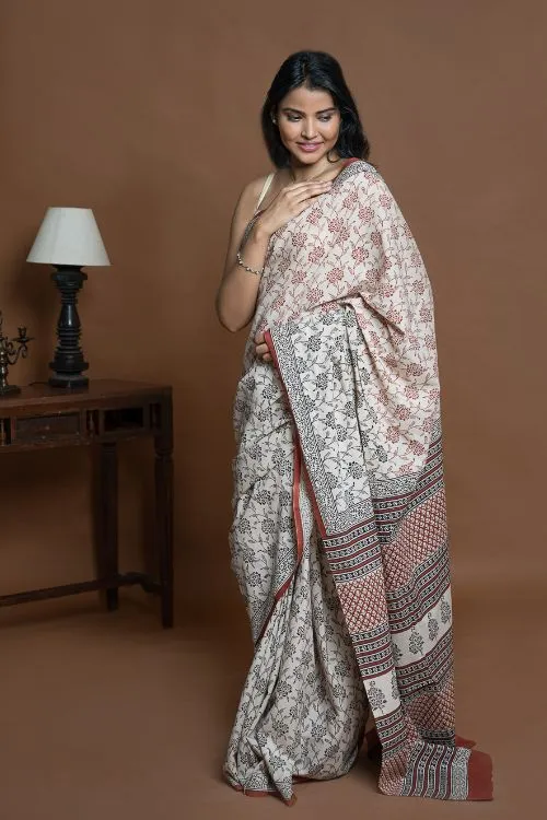 ICH Bagru Statements. Hand Block Printed Mul Cotton Saree - Beige Flora