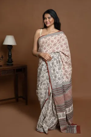 ICH Bagru Statements. Hand Block Printed Mul Cotton Saree - Beige Flora