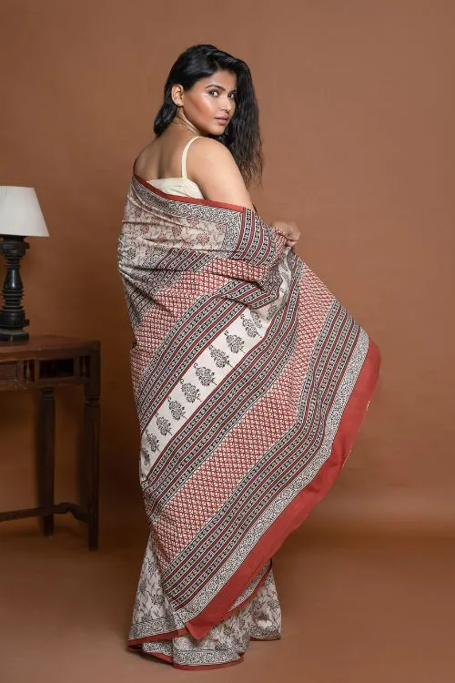 ICH Bagru Statements. Hand Block Printed Mul Cotton Saree - Beige Flora