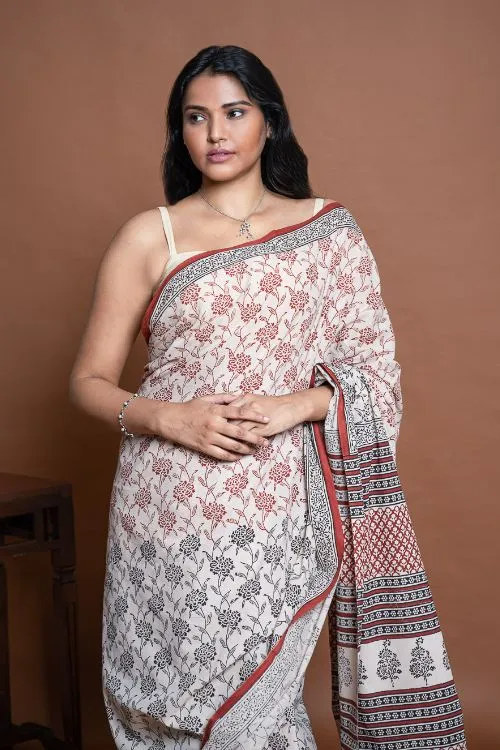 ICH Bagru Statements. Hand Block Printed Mul Cotton Saree - Beige Flora