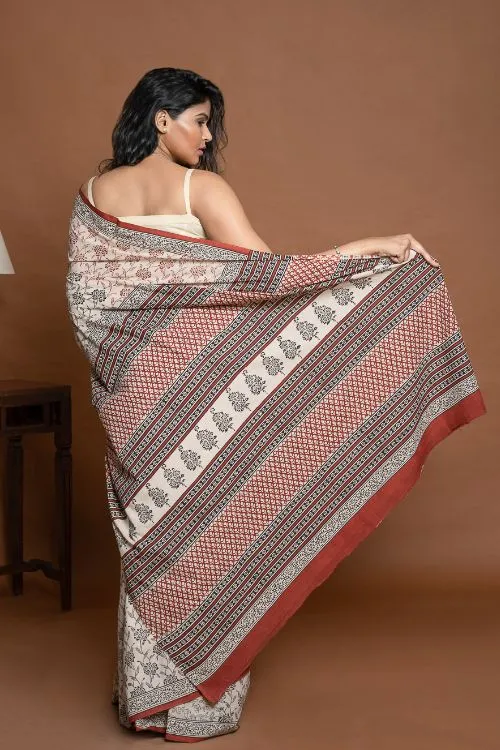 ICH Bagru Statements. Hand Block Printed Mul Cotton Saree - Beige Flora