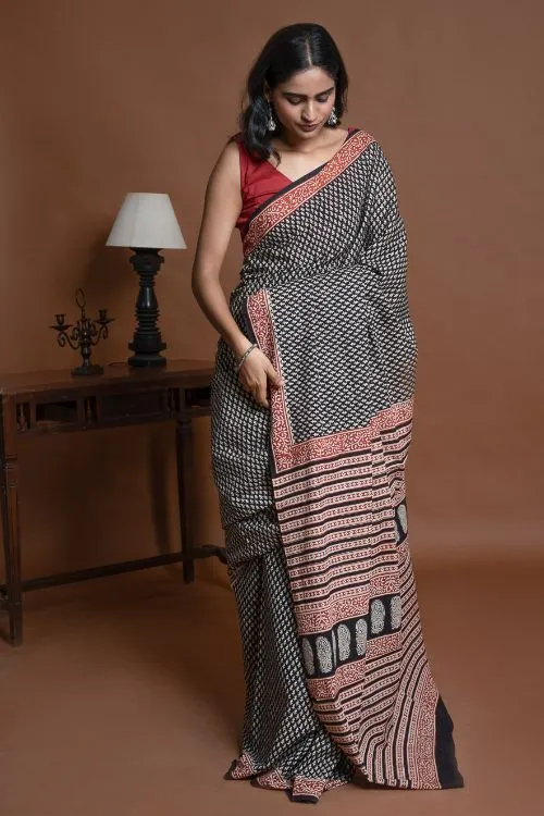 ICH Bagru Statements. Hand Block Printed Mul Cotton Saree - Black Buds