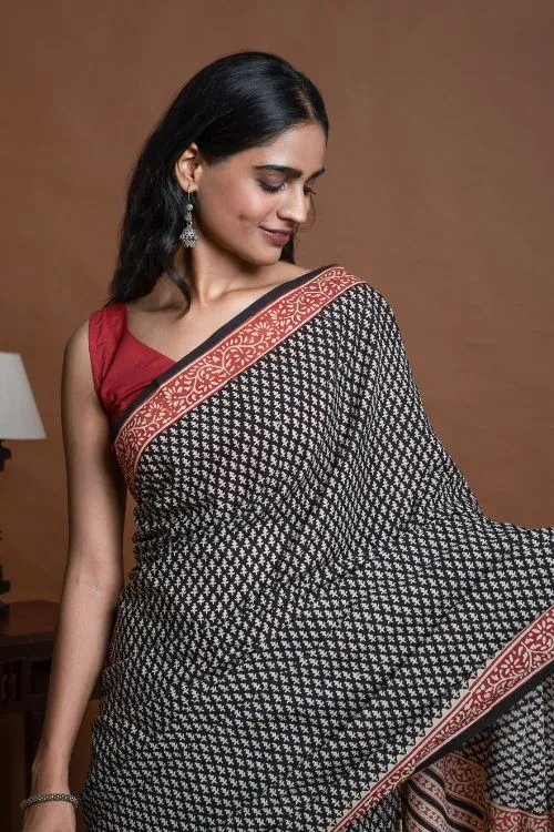 ICH Bagru Statements. Hand Block Printed Mul Cotton Saree - Black Buds