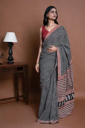 ICH Bagru Statements. Hand Block Printed Mul Cotton Saree - Black Buds