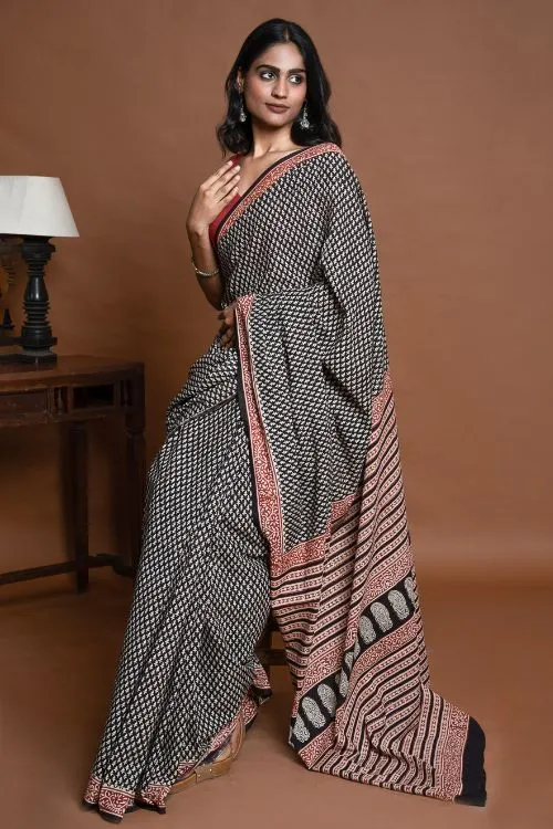 ICH Bagru Statements. Hand Block Printed Mul Cotton Saree - Black Buds