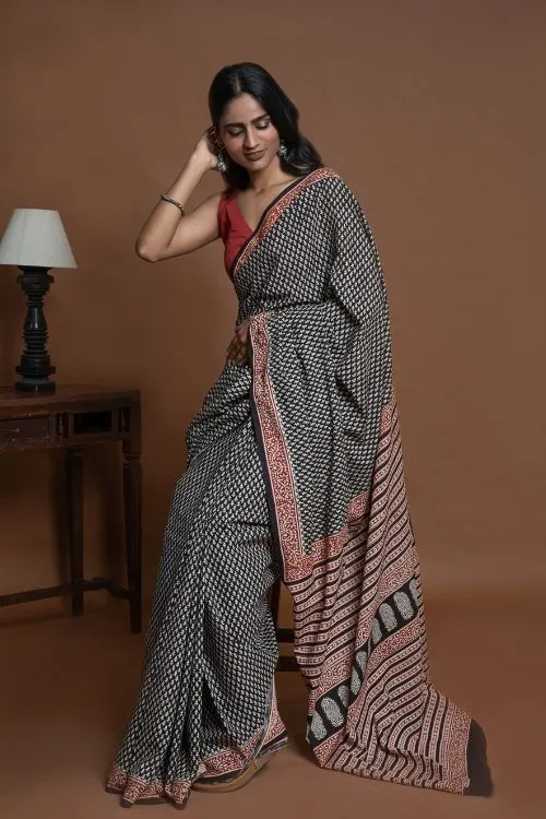 ICH Bagru Statements. Hand Block Printed Mul Cotton Saree - Black Buds
