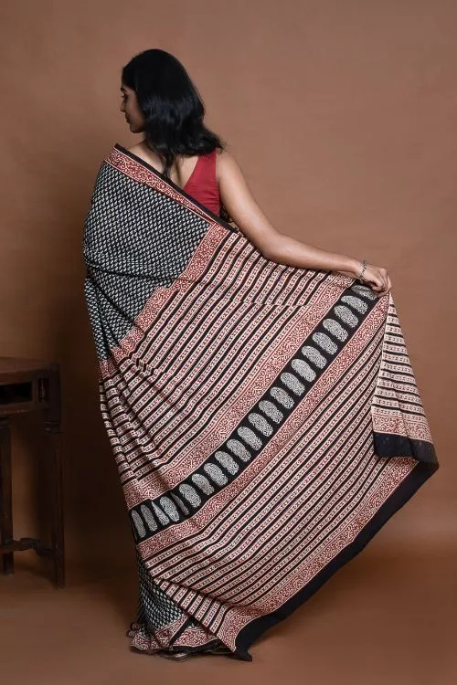 ICH Bagru Statements. Hand Block Printed Mul Cotton Saree - Black Buds