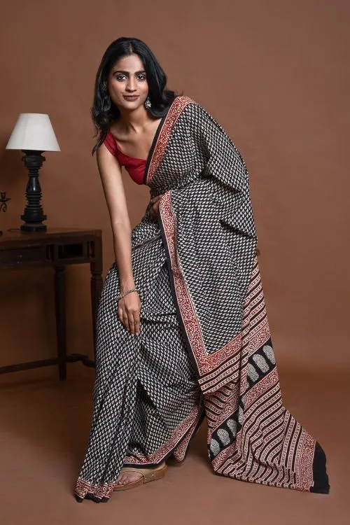 ICH Bagru Statements. Hand Block Printed Mul Cotton Saree - Black Buds