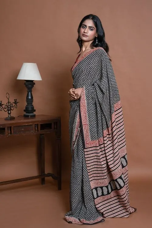 ICH Bagru Statements. Hand Block Printed Mul Cotton Saree - Black Buds
