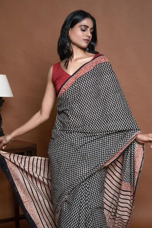 ICH Bagru Statements. Hand Block Printed Mul Cotton Saree - Black Buds