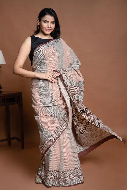 ICH Bagru Statements. Hand Block Printed Mul Cotton Saree - Geometrics