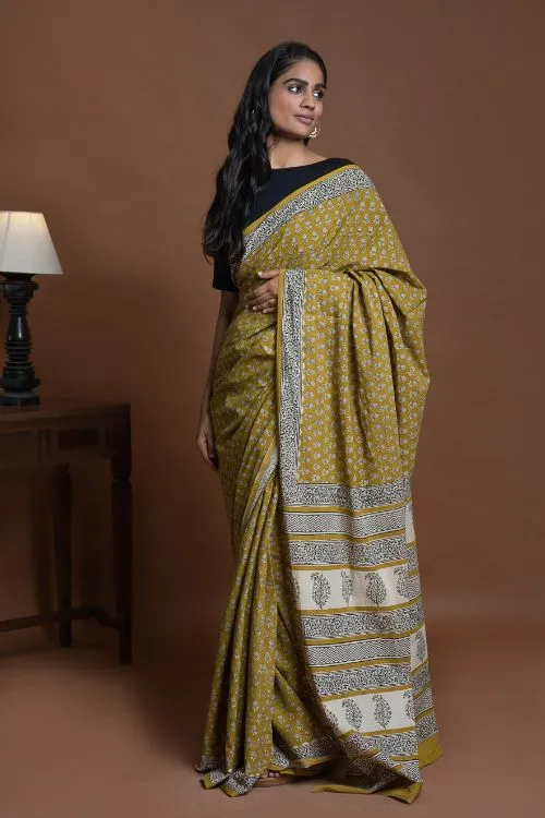 ICH Bagru Statements. Hand Block Printed Mul Cotton Saree - Ochre Flora